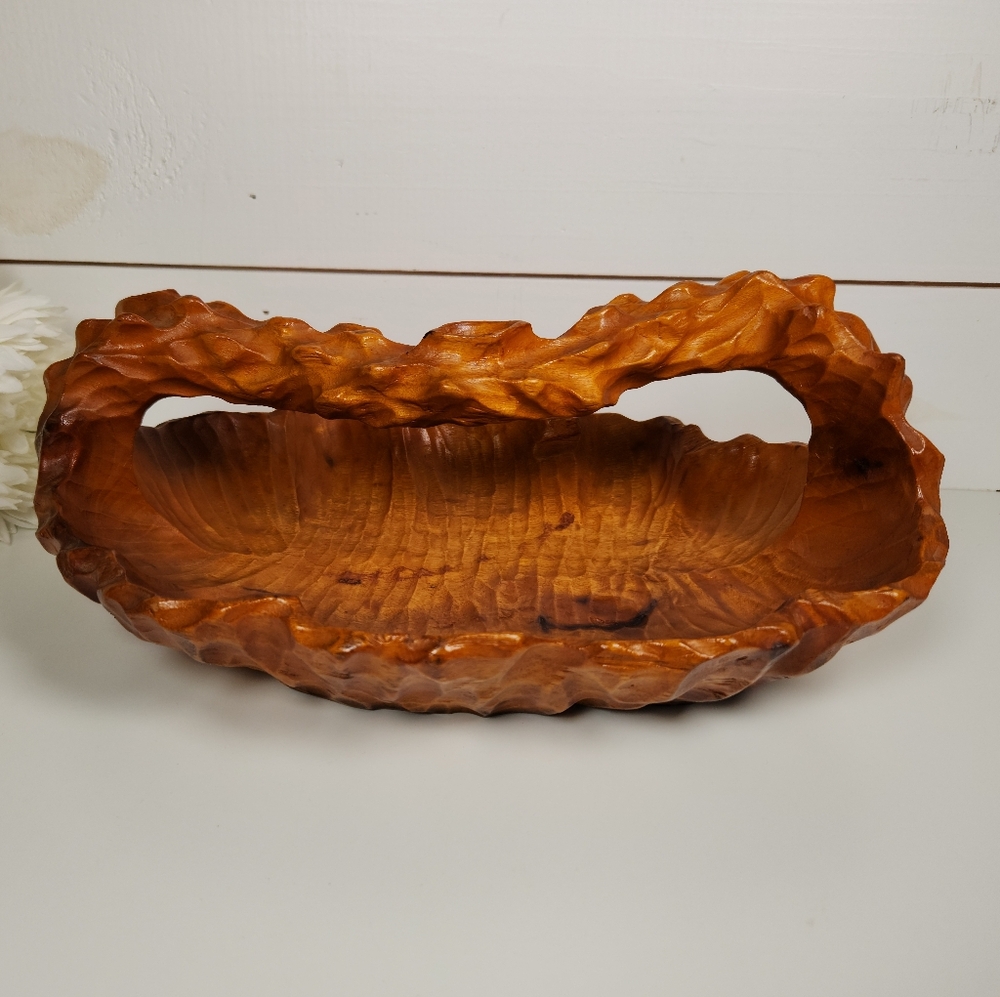 Vintage 70s Hand Carved Wood Basket 13" - Decorative Wooden Basket- Boho Organic